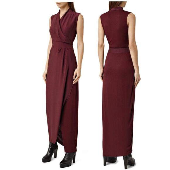 AllSaints Lani Dress Rust Maroon Maxi Faux Wrap 6 - Picture 1 of 15